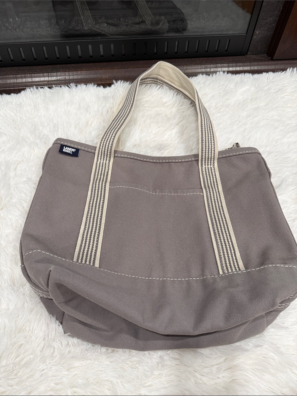 Lands' End Gray Canvas Tote with Cream-Striped Handles